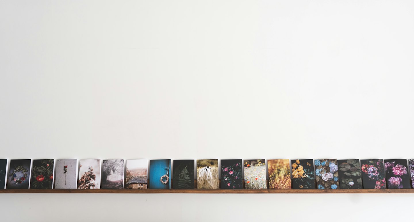 Nature themed art prints arranged on a rustic wooden shelf.